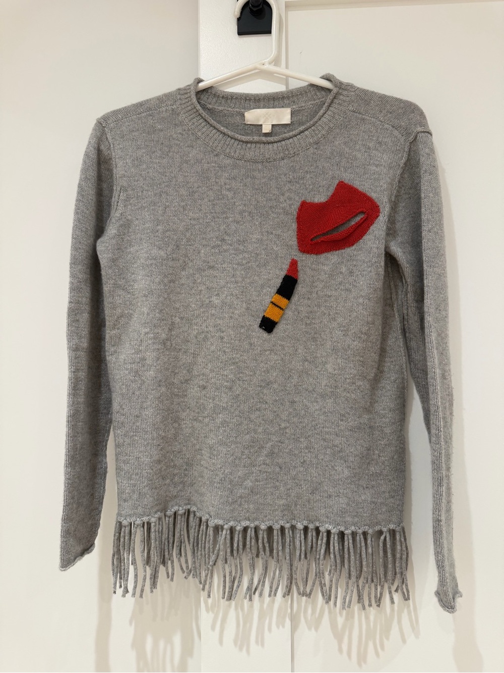 Lisa Todd 100% Cashmere "Lipstick & Lips" Fringe Sweater- size XS